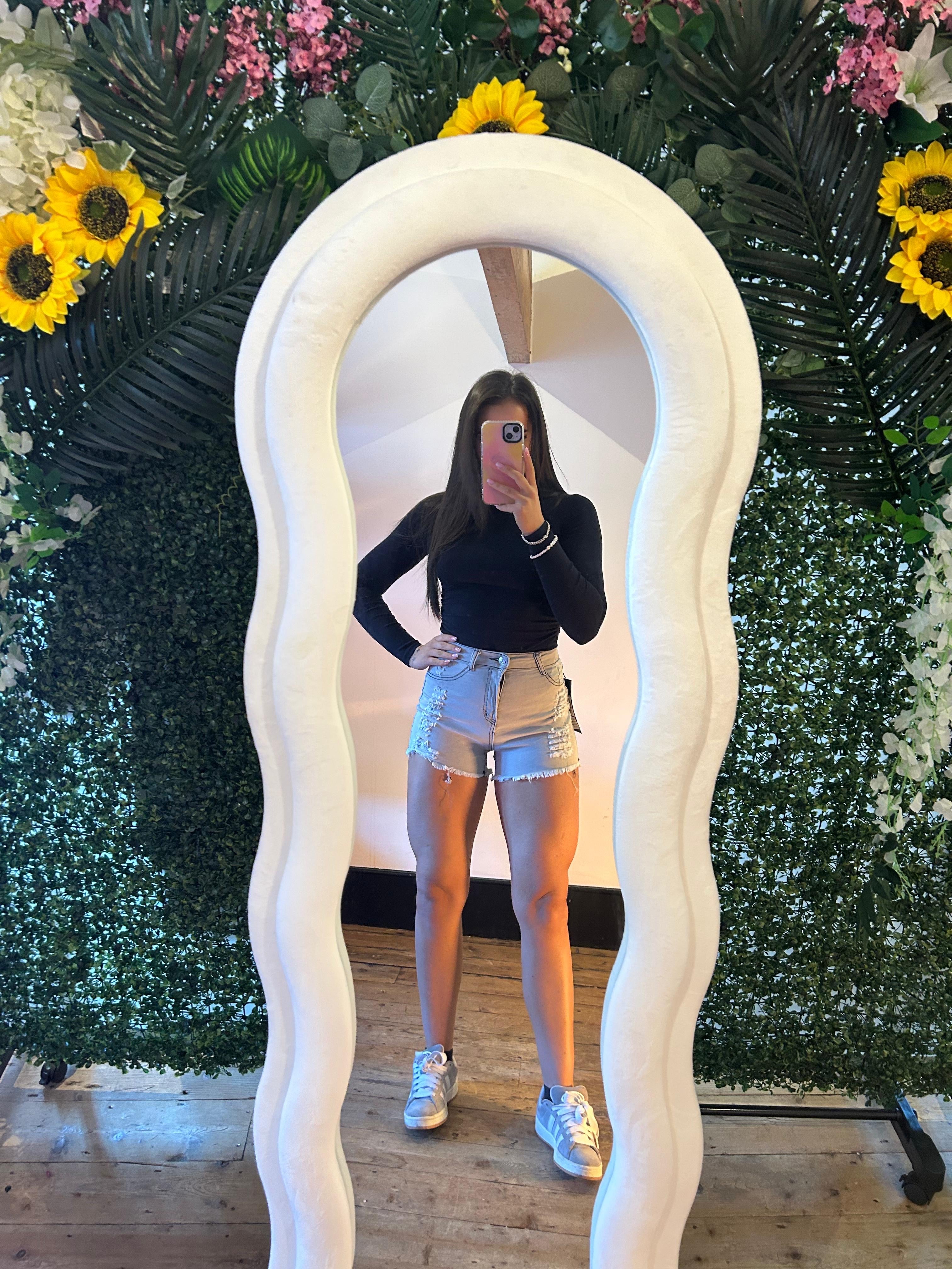 Women’s Light Grey Denim Distressed Summer Shorts With Black Stitch Detail