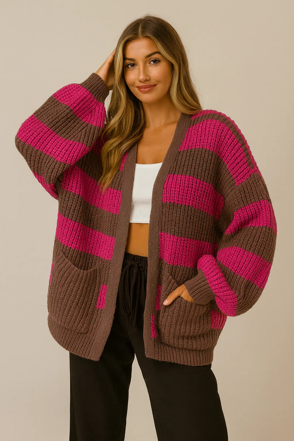 BALLOON SLEEVES STRIPED OPEN CARDIGAN