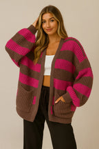 BALLOON SLEEVES STRIPED OPEN CARDIGAN