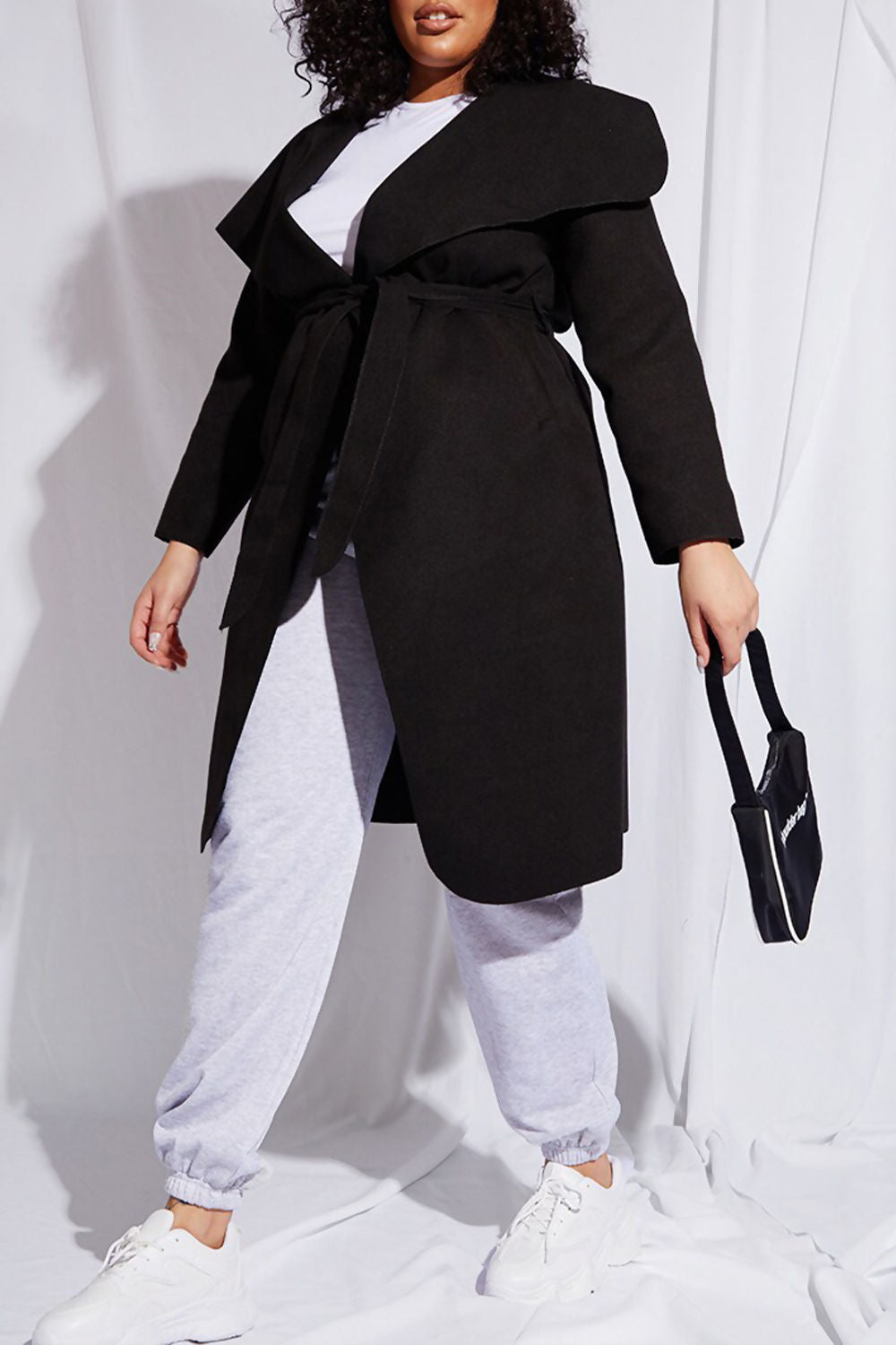 PLUS SIZE BLACK WATERFALL DRAPED DUSTER COAT