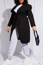 PLUS SIZE BLACK WATERFALL DRAPED DUSTER COAT