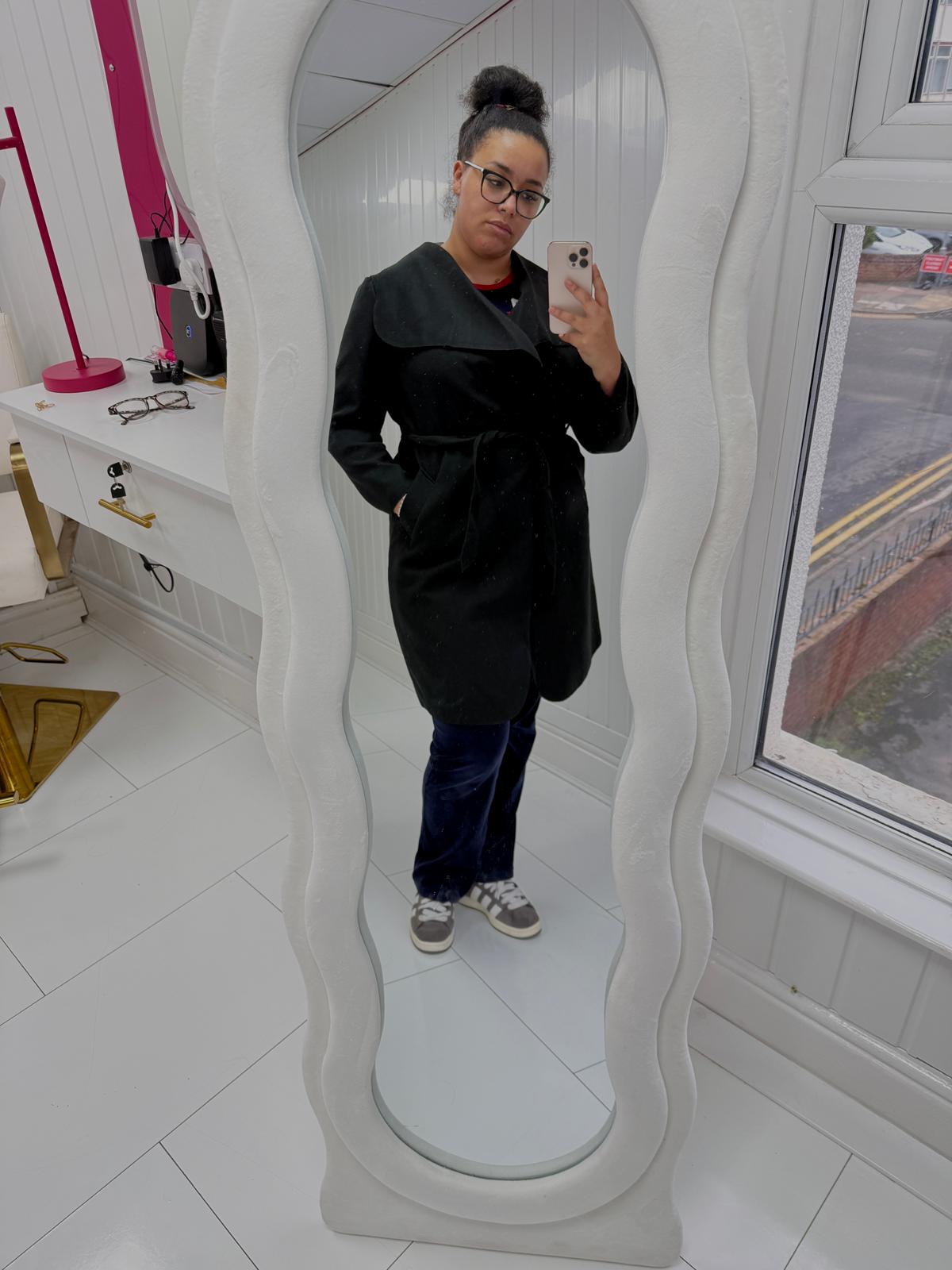 PLUS SIZE BLACK WATERFALL DRAPED DUSTER COAT