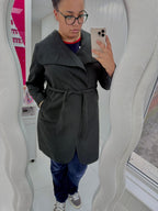 PLUS SIZE BLACK WATERFALL DRAPED DUSTER COAT