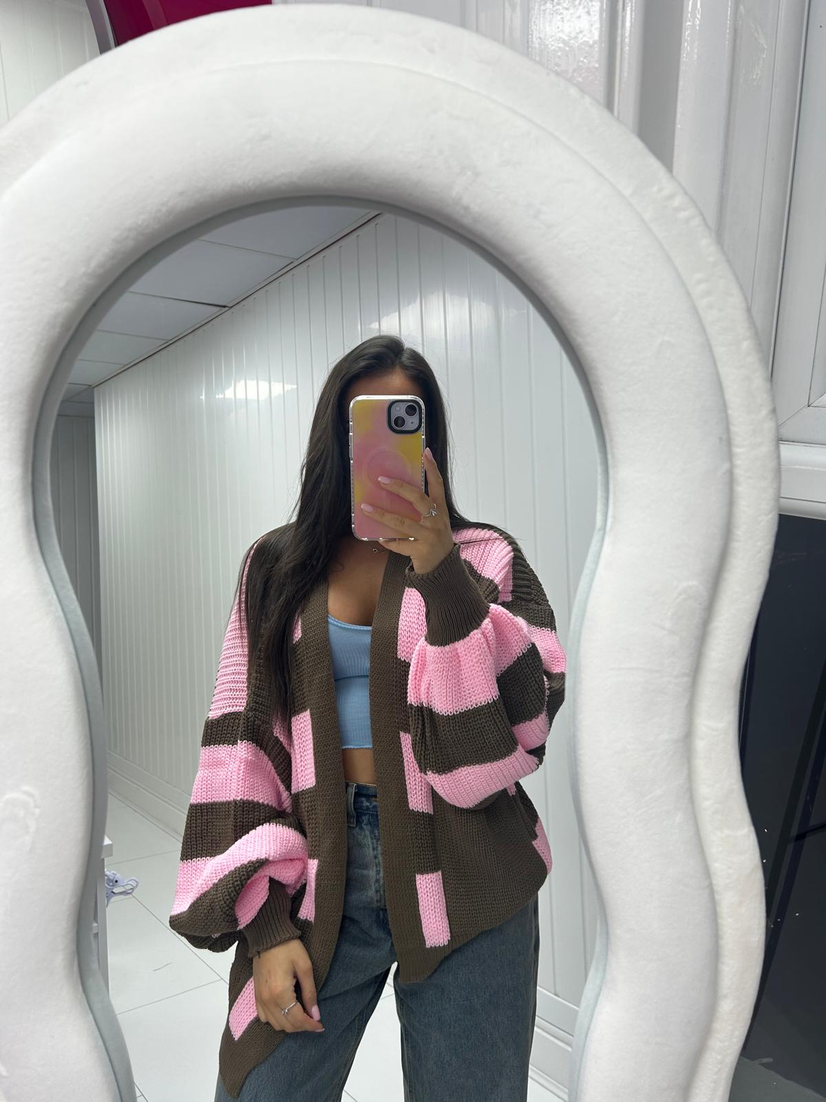 BALLOON SLEEVES STRIPED OPEN CARDIGAN