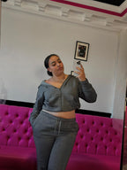 Plus Size Charcoal Zipped Hooded Tracksuit Set