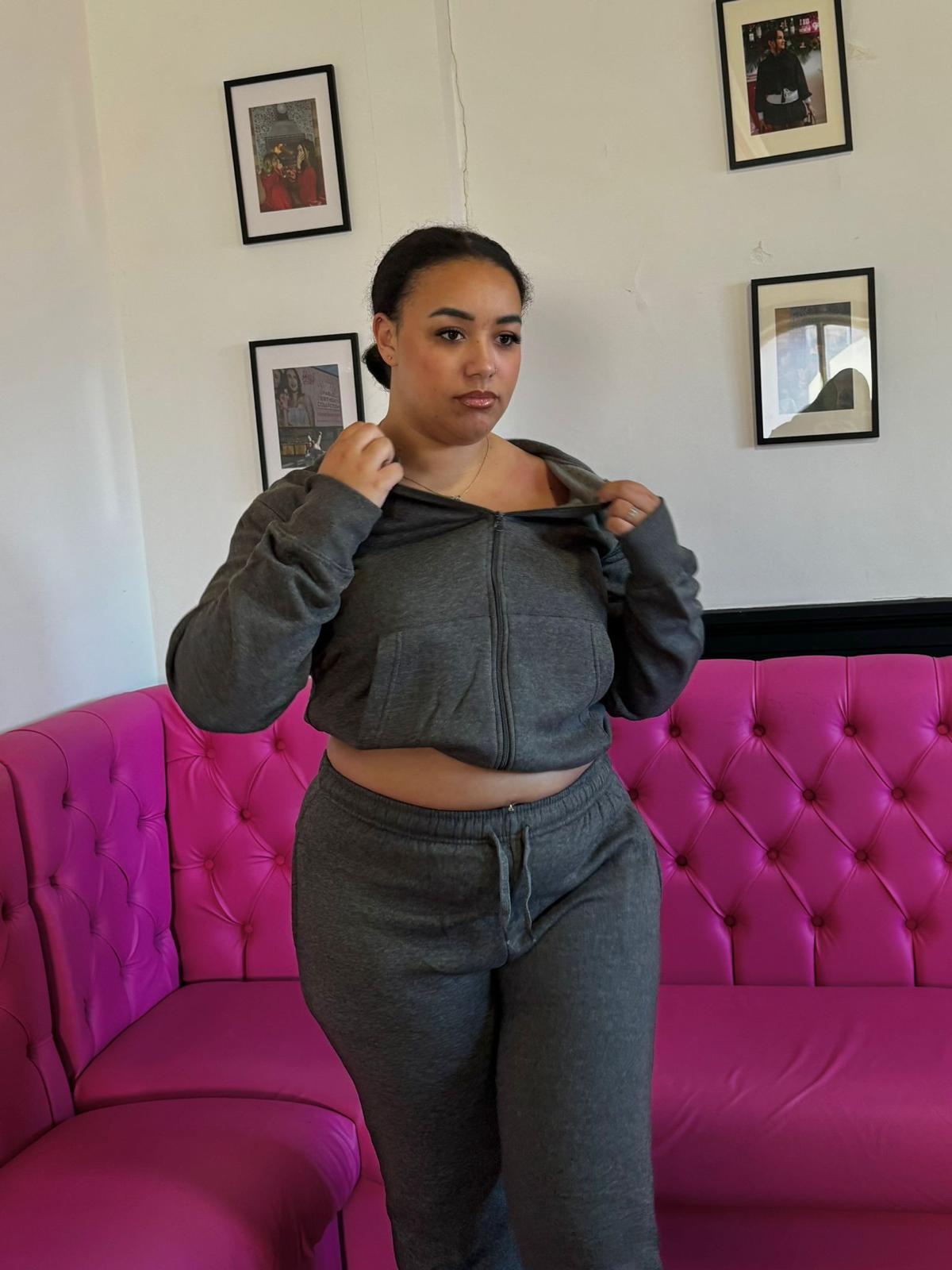 Plus Size Charcoal Zipped Hooded Tracksuit Set