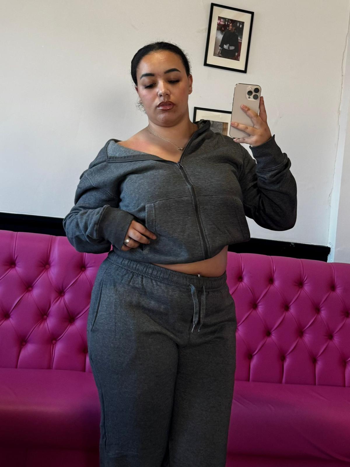 Plus Size Charcoal Zipped Hooded Tracksuit Set