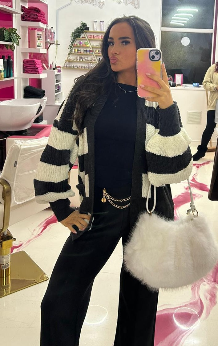 BALLOON SLEEVES STRIPED OPEN CARDIGAN