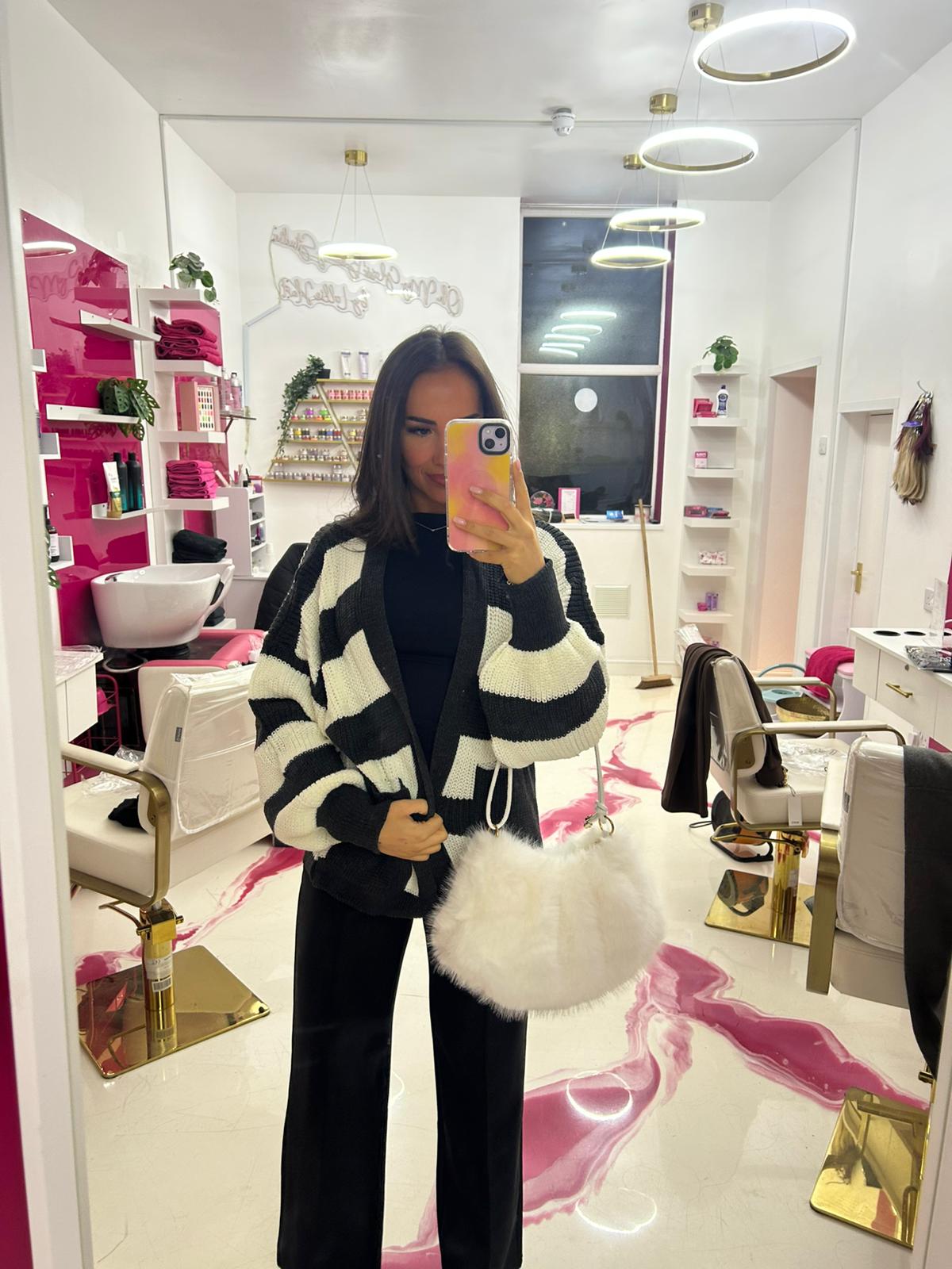 BALLOON SLEEVES STRIPED OPEN CARDIGAN