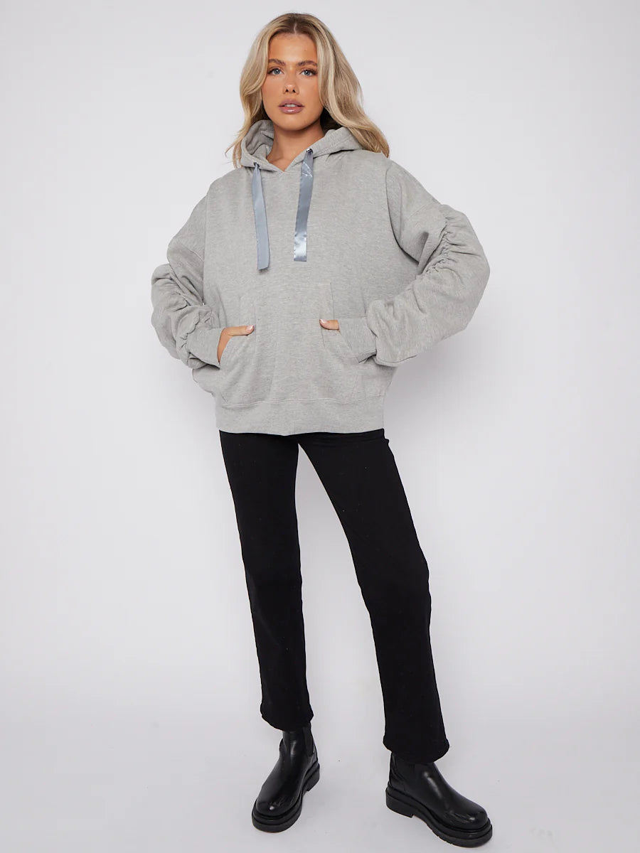 RIBBON DRAWSTRING RUCHED SLEEVES FLEECED HOODIE